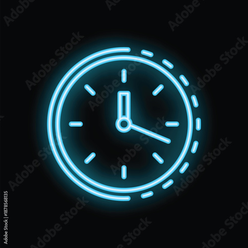 Neon blue clock is ticking, showing the passage of time on a black background