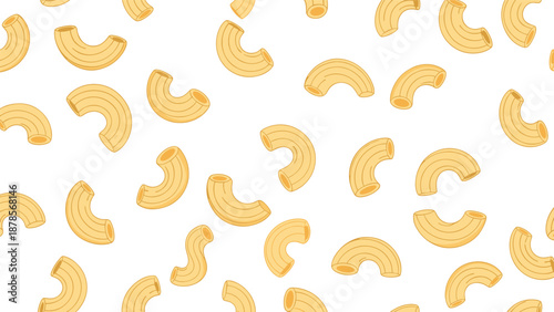 Seamless background of curved macaroni pasta pieces in a classic yellow hue designed for comfort food and pasta brand marketing.