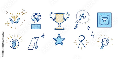 Hand drawn award icons set with trophy cup, star, medal ribbon, certificate, prize ribbon, champion trophy and winner symbols in doodle style vector illustration