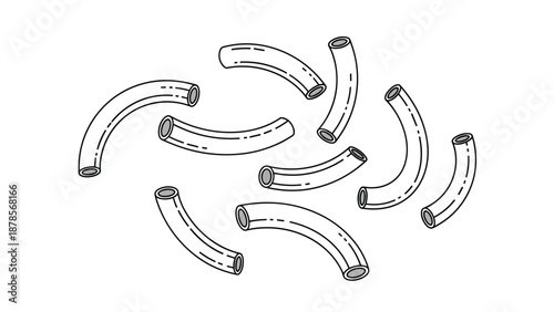 Detailed illustration of several macaroni pasta tubes showing a curved shape and light brown tones isolated on a white backdrop.