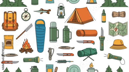 Comprehensive set of camping and hiking equipment icons including tents, backpacks, compasses, lanterns, and outdoor gear for adventure.