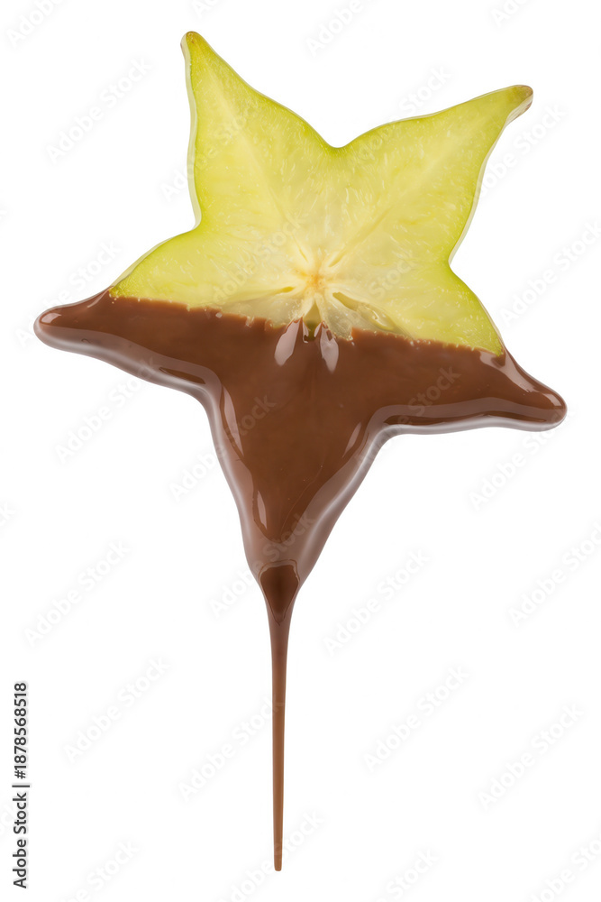 Fototapeta premium Chocolate Dipped Star Fruit: Exotic Treat with Drip on White Background