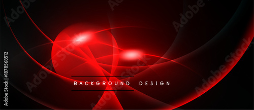 Abstract red design features curved lines, glowing effects, dynamic shapes. Dark background enhances vibrant illumination.