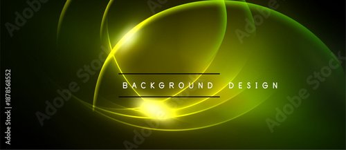 Abstract neon lines create glowing curves, bright center. Dark background enhances luminous effect, modern design element.