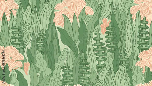 Intricate underwater botanical pattern depicting long green seaweed fronds and delicate pink marine plants in a dense aquatic forest.