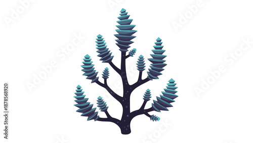 Stylized dark blue marine plant or coral with layered leaf like segments arranged in a symmetrical tree structure on white space.