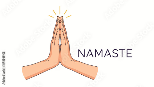 Pair of hands pressed together in a Namaste greeting with yellow light rays above, symbolizing respect, peace, and spiritual union.