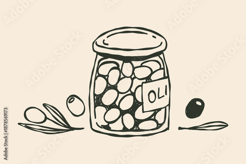 Whimsical Can with olives, Canned food. Hand drawn doodle line illustration.