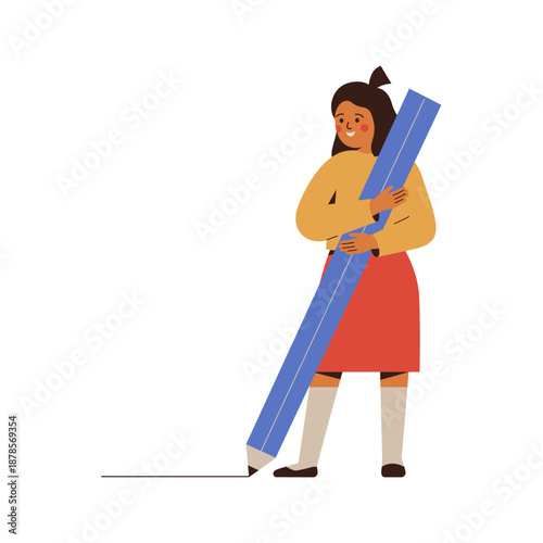 Schoolgirl student drawing, writing with big blue pencil. Happy female child holding large pen. Flat vector illustrations set isolated on white background
