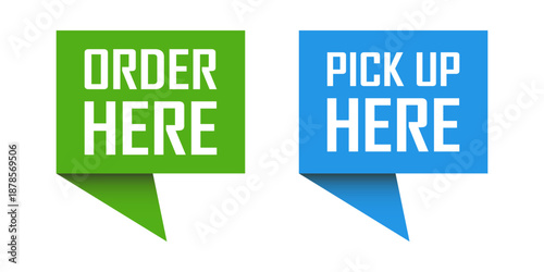 Order here and pick up here icon in flat style. Restaurant poster vector illustration on isolated background. Signboard sign business concept.