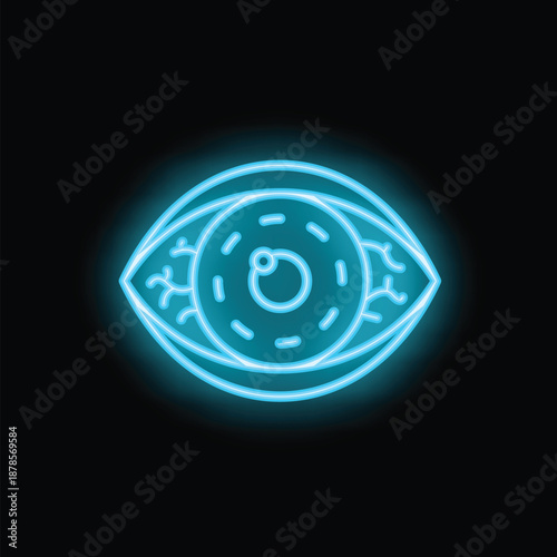 Neon eye glowing with blue light on black background