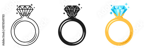 Wedding ring icon set collection in flat style. Brilliant gold jewellery vector illustration on isolated background. Luxury gift sign business concept.