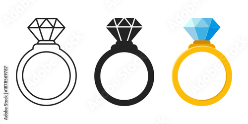 Wedding ring icon set collection in flat style. Brilliant gold jewellery vector illustration on isolated background. Luxury gift sign business concept.