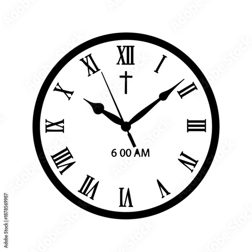 A close-up view of a classic clock, telling time is 6:00 AM, with roman numerals on the face