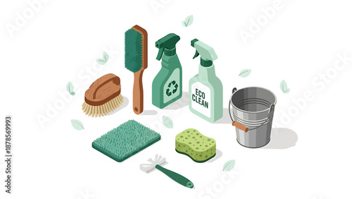Isometric Eco Friendly Cleaning Supplies Arrangement.