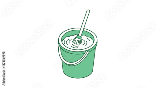 Green bucket with brush stirring white liquid.