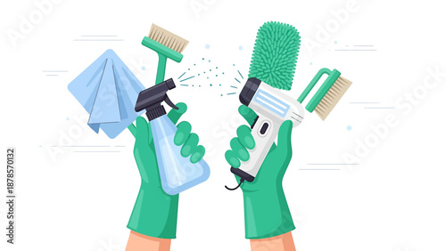 Two hands wearing green gloves holding cleaning supplies.