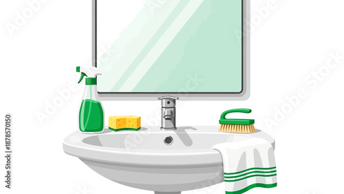 Bathroom sink with cleaning supplies and mirror.