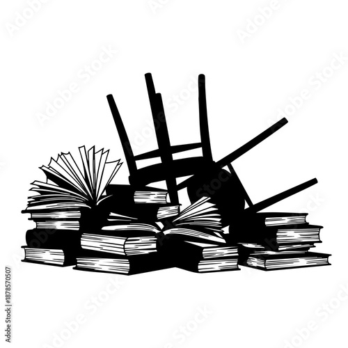A silhouette of overturned chair and stacked books