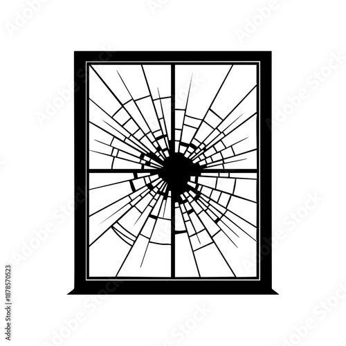 A black and white image of a shattered window. The window frame is intact, but the glass is completely broken, with cracks radiating outwards from a central point