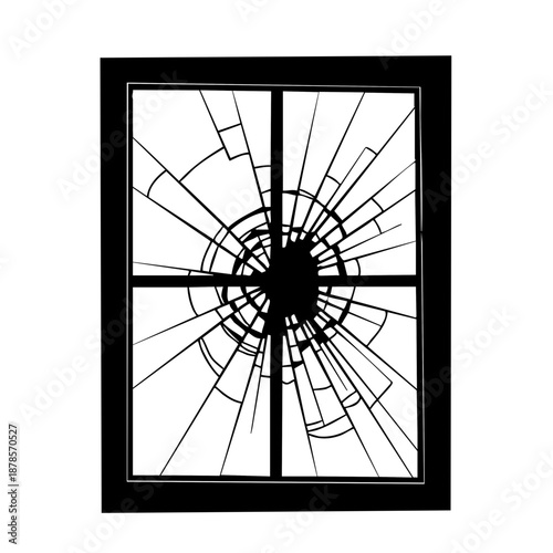 A shattered glass window in a black frame. The image has a stark and impactful effect due to its monochrome aesthetic