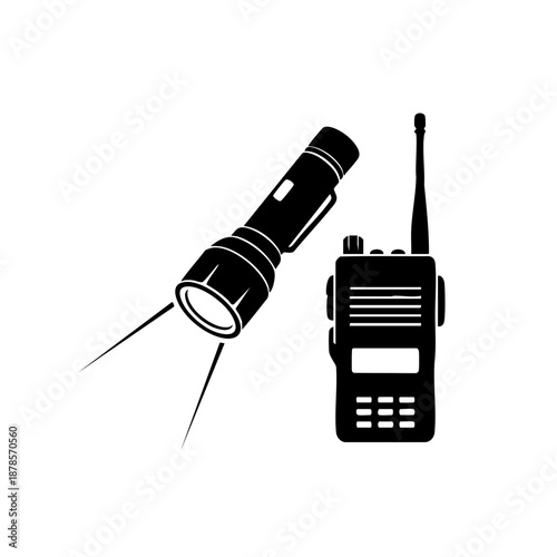 A high-contrast monochrome image of a flashlight and a walkie-talkie, showcasing their details and functionality.