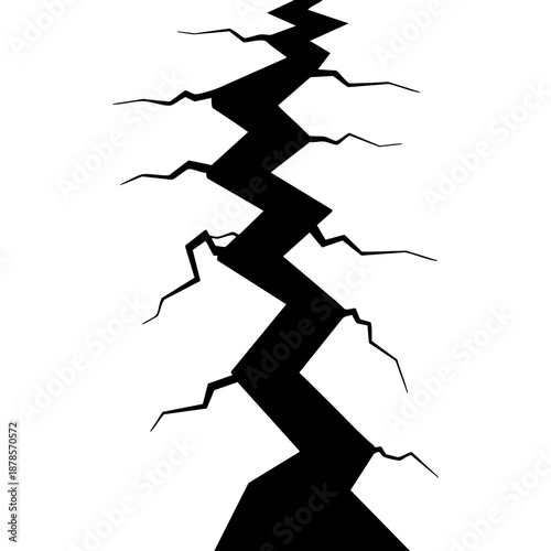 A black crack symbol on a stark backdrop, indicating potential danger, split, earthquake, destruction