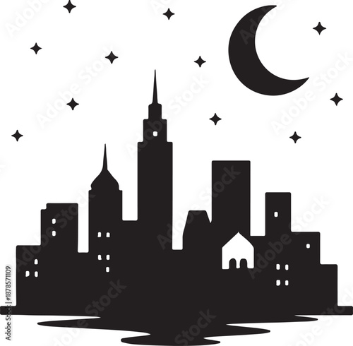 Night city vector silhouette with moon