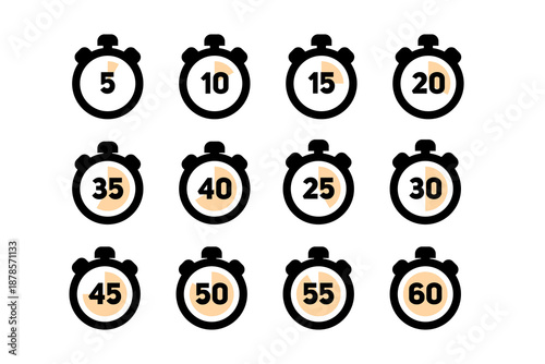 Collection of stopwatch icons with different time intervals from 5 to 60 minutes