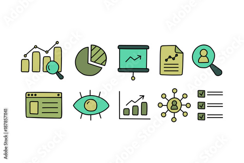 Collection of hand-drawn icons representing business analytics and data visualization concepts