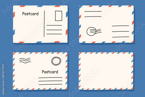 Collection of hand-drawn postcards and envelopes with postal markings on a blue background
