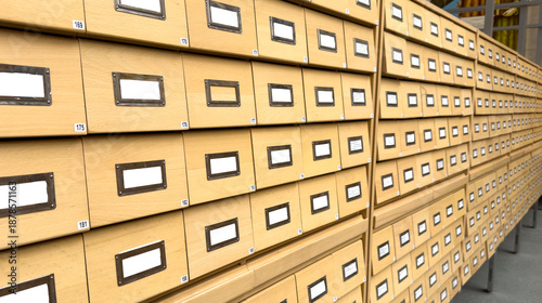 Canvas Print wooden archive drawer with filed documents and labeled records