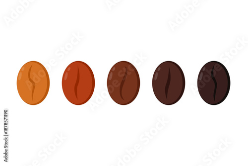 Five coffee beans showing different roast levels from light to dark brown