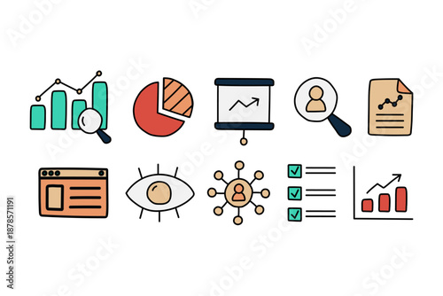 Collection of business analytics and data visualization icons in a doodle style