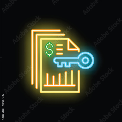 Glowing neon icon illustrating the concept of financial success with a key unlocking a document containing a dollar sign