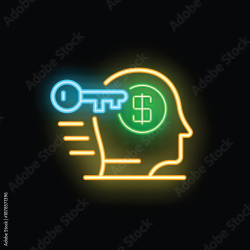 Glowing neon icon of key unlocking money symbol inside of human head representing financial literacy