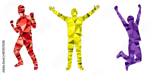 Low poly geometric happy people set, colorful polygonal vector silhouettes of men jumping, celebrating and raising hands isolated on transparent