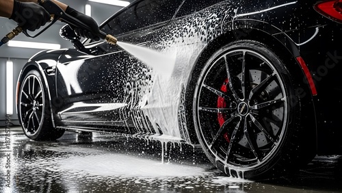 Professional worker spraying white snow foam on black luxury car side panel using high pressure power washer during deep cleaning detailing service
