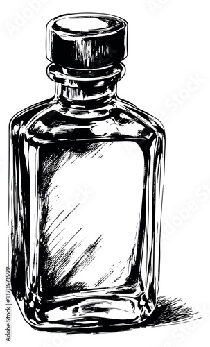 Hand drawn illustration of a glass bottle depicting a classic liquor container for beverage branding