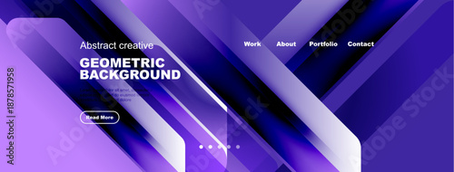 Abstract purple background design. Modern shapes, gradients, text elements present website header section. Minimalist style.