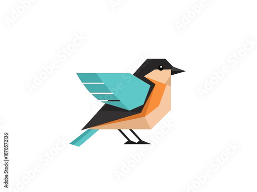 Stylized lowpoly bird illustration with black orange peach and cyan geometric shapes
