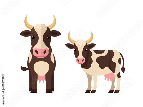 Two cartoon brown and white spotted cows with horns on a white background