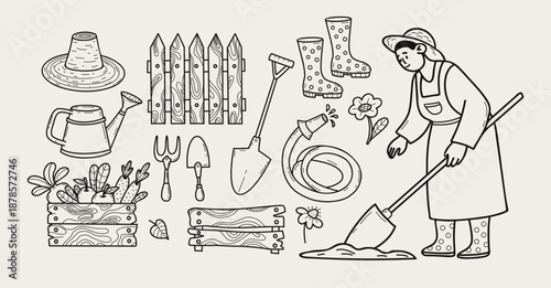 Gardening Woman with Tools, Fence, Vegetables and Watering Equipment Hand Drawn Set. Isolated Outline Doodle of Female Character Farmer. Vector illustration