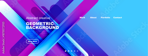 Modern abstract design. Vibrant purple, blue hues create dynamic geometric background. Text promotes work, portfolio access.