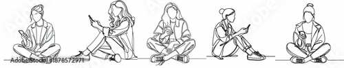 line art of a woman sitting on the floor with a phone