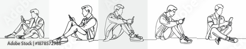 line art of a man sitting on the floor with a phone