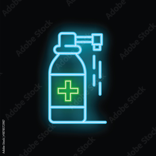 Glowing neon icon of a medical spray bottle, emitting a fine mist, set against a dark background