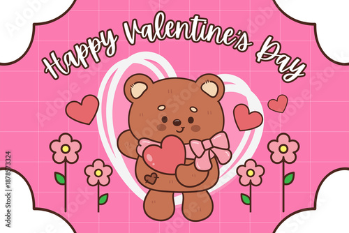 Cute Cartoon Bear Holding Heart Valentine Illustration