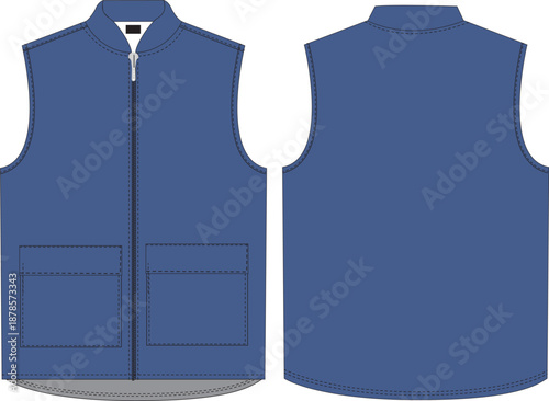 vest flat sketch with pocket and collar, front zipper