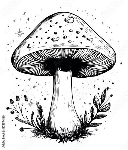 Hand drawn line art illustration of a spotted mushroom depicting grass and stars for whimsical design